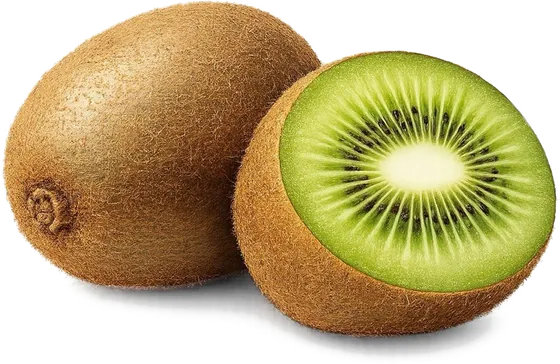A whole kiwi beside a kiwi cut in half